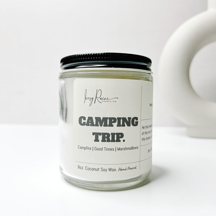 Luxury 8oz wood wick candle that smells like Campfire, Good Times, and Marshmallows. 