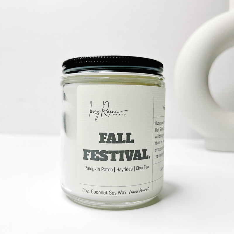 Luxury 8oz wood wick candle that smells like Pumpkin Patch, Hayrides, and Chai Tea.